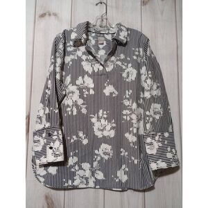 Chico's Shirt‎ Ladies Extra Large Chico's 3 Black White Striped Floral Popover